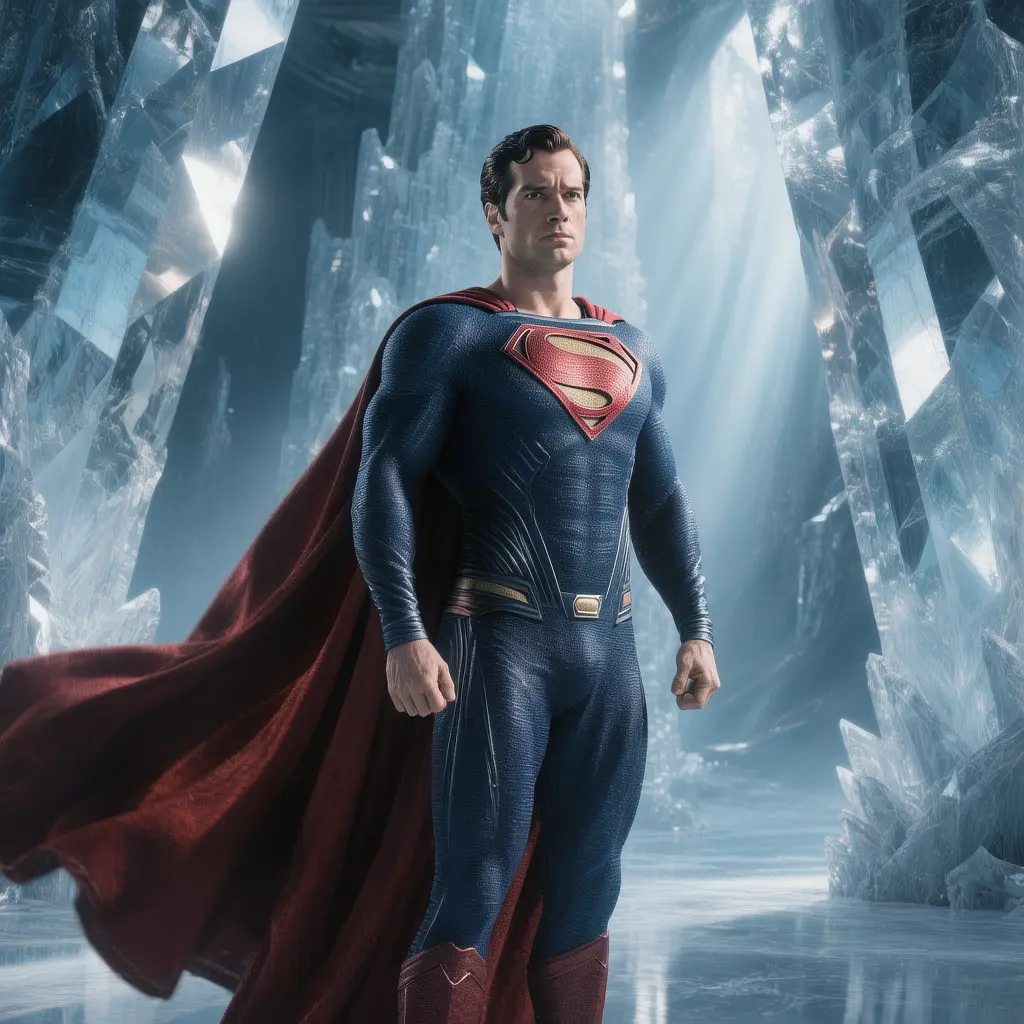 David Corenswet’s Superman standing in the Fortress of Solitude, light streaming through icy pillars, cape billowing, determined expression, photorealistic, cinematic lighting.
