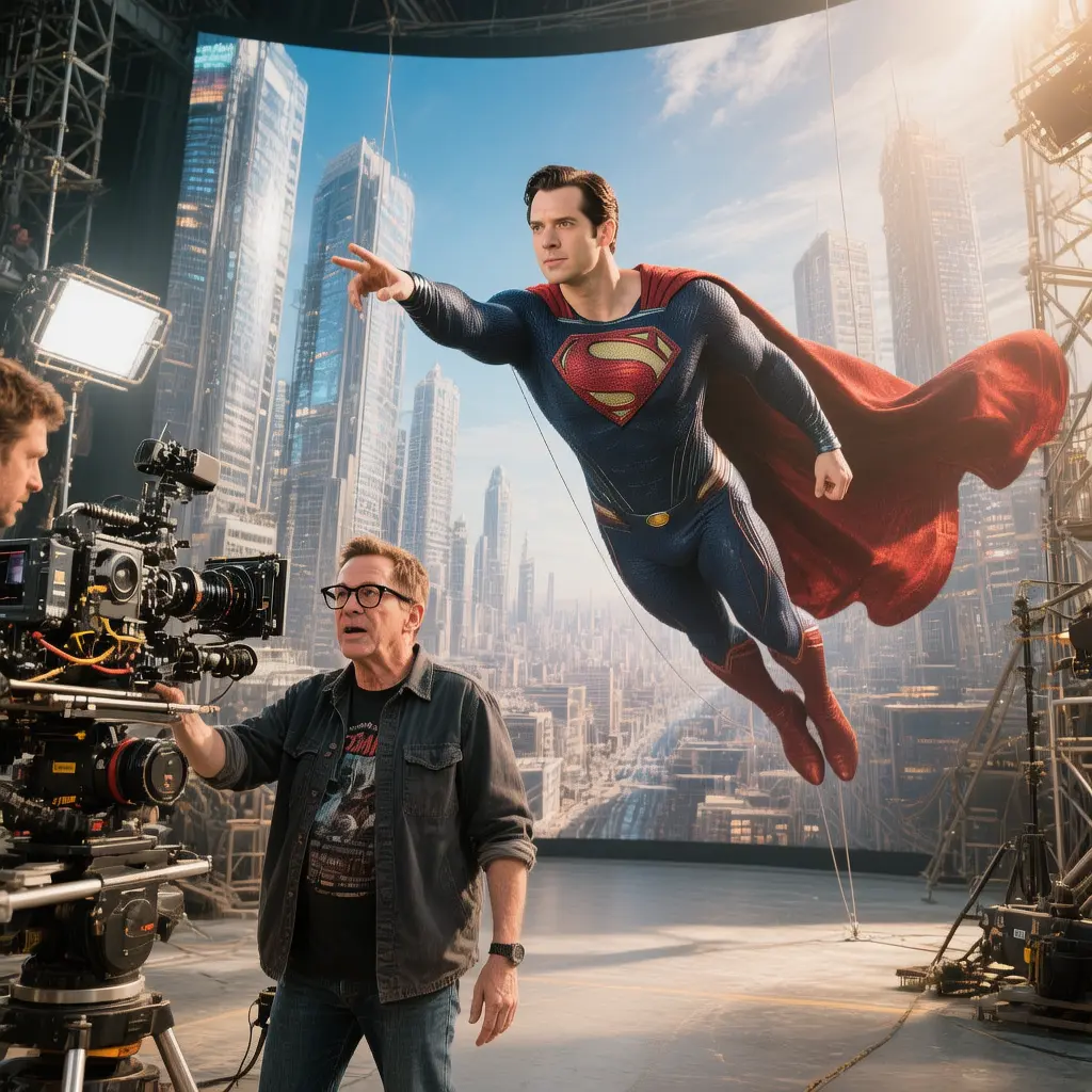 James Gunn directing a scene of Superman flying over Metropolis, mid-2020s city backdrop, cast and crew visible, energetic and inspiring mood, vivid color grading